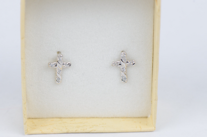 CZ Diamond Cross Stud Earrings, Cross Earrings Screw Back , 14K Yellow/White Gold