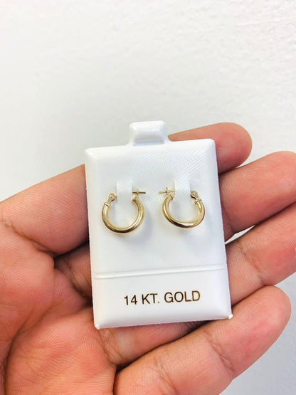 14K Yellow Gold Hoop Earrings 12x12mm 2mm / 14K Gold Earrings For Girls Children / Aretes Argollas para Niña de Oro Real 14k