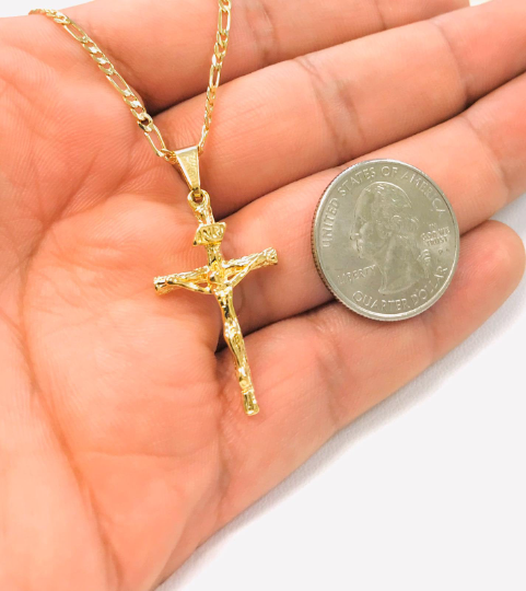14K Gold Filled Cross Necklace 20” Figaro Link For Men Women 33x18mm /  Cadena Figaro Link Y Dije de Cruz Para Hombre / Crucifix Necklace / Figaro