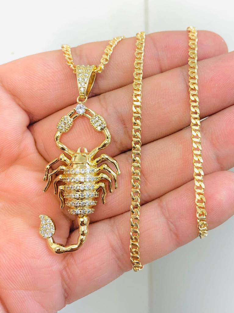 18K Gold Filled CZ Scorpion Necklace Cuban Link Chain 20" For Mens