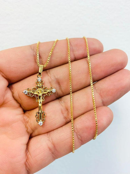 18K Gold Filled Jesus Cross Necklace CZ Stone Box Link Chain 20" INCH For Womens