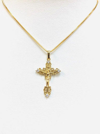 18K Gold Filled Jesus Cross Necklace CZ Stone Box Link Chain 20" INCH For Womens