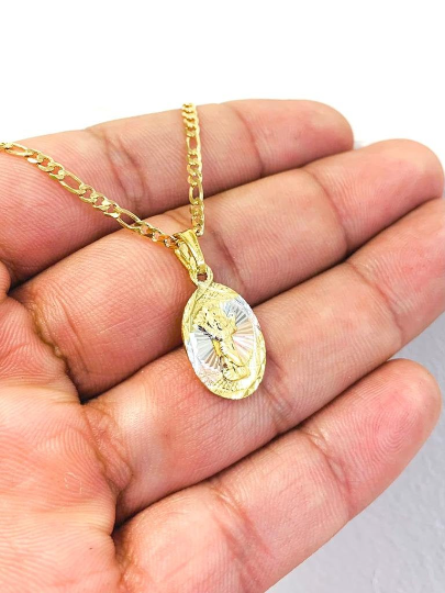 Divino Niño Necklace Pendant with Figaro Link Chain Gold Filled Dainty Tiny Necklace 20" Dije Tres Oros Del Divino Niño Baby Jesus Necklace 20x13mm