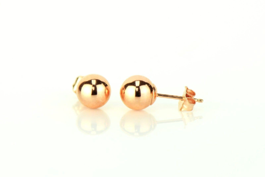 14K Rose Gold Ball Stud Earrings With Push Back 3mm to 10mm / Stud Earrings for Womens Kids / Everyday Earrings / Aretes de Oro Real Rosado Para Mujer y Niños