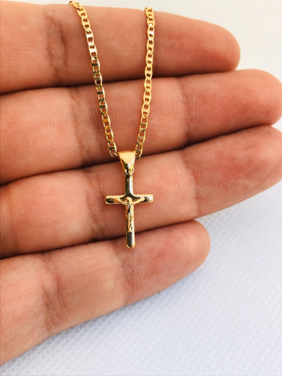 18K Gold Filled Cross Necklace, Mariner Link Chain, Flat Cross Pendants 19x11mm