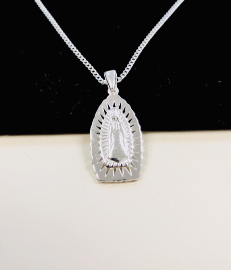 Virgen de Guadalupe Necklace 18” Sterling Silver For Women 28x13mm / Diamond Cut Guadalupe Necklaces / Cadena y Dije de la Guadalupe Plata Pura