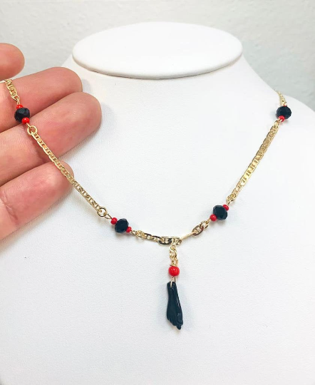 Azabache Hand Necklace 18K Gold Filled for Good Luck and Protection 18" Jewelry / Cadena y Dije de la Mano de Azabache en Oro Laminado para Mujer