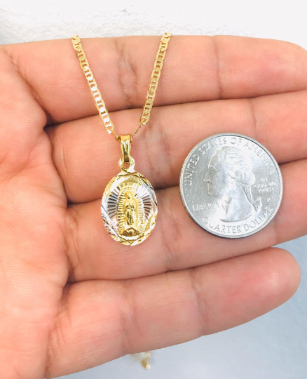 Virgen De Guadalupe Necklace with Mariner Link Chain 20" in 14K Gold Filled / Our Lay of Guadalupe Pendant 20x13 / Womens Jewelry for Everyday / Virgin of Guadalupe