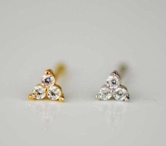 14K Yellow/White Gold Triple CZ Stone Nose Bone Piercing Stud Earrings