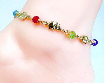 Pulsera de Pie en Oro Laminado para Mujer de Elefante/ Everyday Anklet Bracelet/Elephant Anklet bracelet 10"/Multicolor Stones/Foot Bracelet