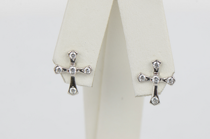 14K Yellow/White Gold Crucifix Earrings Screw Back, Cross Gold Earrings, CZ Stud Earrings