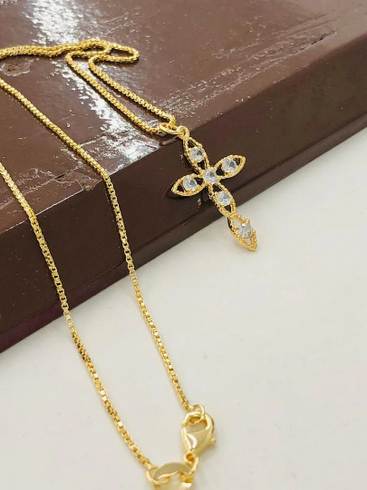 Women's CZ Cross Necklace Charm Pendant 27x18mm in Gold Filled Everyday Cross Necklace 18" Dainty Cross Pendant Box Link Chain Necklace