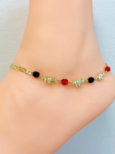 Elephant Red Black Beads Anklet Bracelet 18K Gold Filled 10" Inches / Womens Anklet Bracelet / Azabache Bracelet / Animals Bracelet / Tobillera de Elefante para Mujer / Pulsera de Pie Rojo y Negra