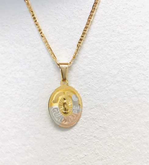 14k Gold Filled Virgen de Guadalupe Necklace / Mariner Link Chain Necklace 18” / Set Necklace & Pendant 20x14mm / Cadena y Dije de la Virgen de Guadalupe en Oro Laminado Para Mujer