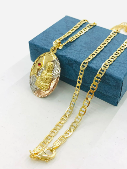 Womens Mens Dainty CZ Santa Barbara Necklace Pendant in Gold Filled / St Barbara Pendant Charm 33x22mm / Mariner Link Anchor Chain Necklace