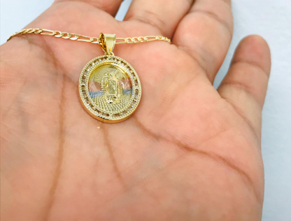 14K Gold Filled Virgen de Guadalupe Pendant Necklace 24x18mm CZ Stones Pendant / Dije de Guadalupe y Cadena Figaro Link