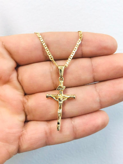 14K Gold Filled Cross Necklace for Men's 20" - Crucifix Pendant 33x18mm - Cross Pendant - Dije de Cruz - Mariner Link Chain 20"