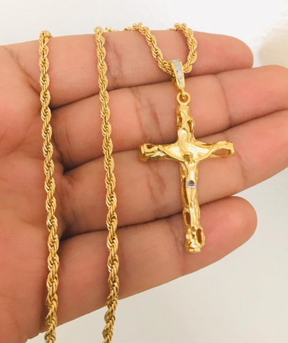 18K Gold Filled Cross Necklace, Religious Necklace 24" Cross Pendant 43x26mm