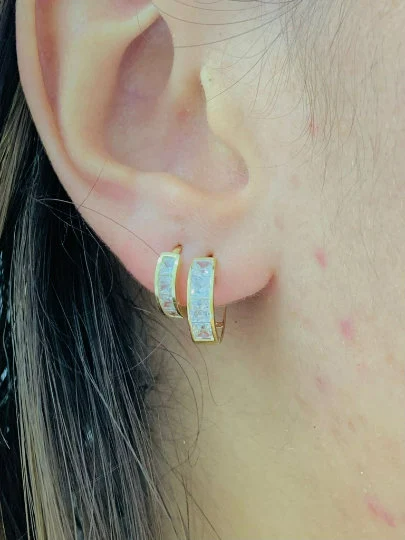 CZ Huggies Hoop Earrings in 14K Solid Gold for Womens Everyday Earrings Set  Double Earrings Dainty CZ Earrings/ Argollas de Oro Solido Mujer