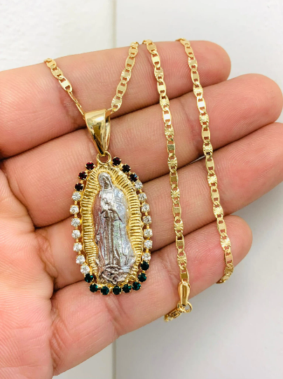 CZ Virgen de Guadalupe Necklace Valentino Chain Virgin Mary Necklace / Looks Like Gold Pendant / Dije de la Guadalupe / Gold Filled Jewelry