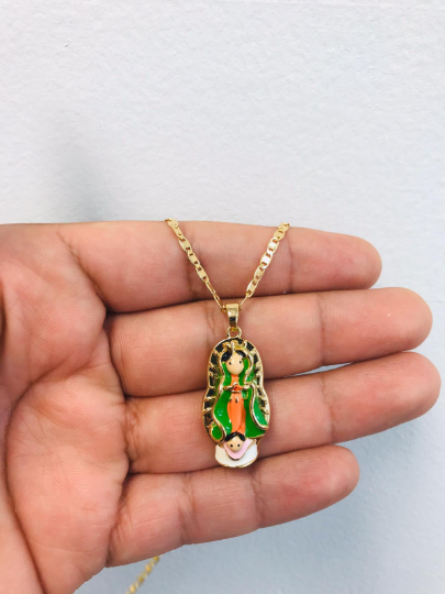 14K Gold Filled Guadalupe Necklace 16", Kids Version Virgen de Guadalupe Pendant