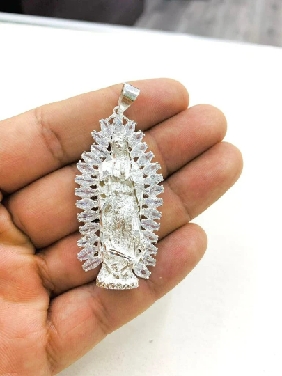 Virgen de Guadalupe Pendant CZ Sterling Silver Medalla de la Guadalupe Mens Womens Pendant