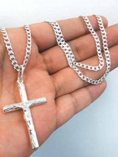 Men's Cross Necklace 24” Rustic Style Cross 925 Sterling Silver Cross Pendant