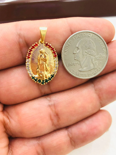 Virgen de Guadalupe Necklace for Womens CZ Mexican Flag Stones 25x15m/ Guadalupe Jewelry / Cadena de la Guadalupe en Oro Laminado Mujer