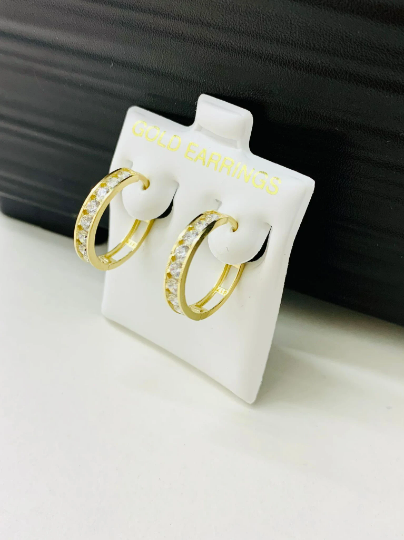 10K Yellow Gold Channel-set Cubic Zirconia CZ Huggie Hoop Earrings 17x17 Dainty Gold Huggies Earrings for Womens Argollas Arracadas Oro Real