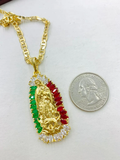 CZ Virgen de Guadalupe Necklace Mexican CZ Stones Pendant 44x20 in Gold Filled Guadalupe Charm Pendant Mariner Link Chain Dije de Guadalupe