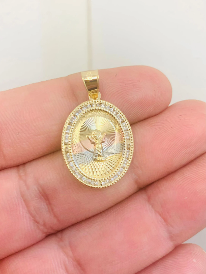 Baby Jesus Necklace Pendant Valentino Chain 18" for Womens Dainty Necklace with CZ Stones Around Medal / Dije del Divino Niño con Cadena de Oro Laminado / Divino Nino Necklace