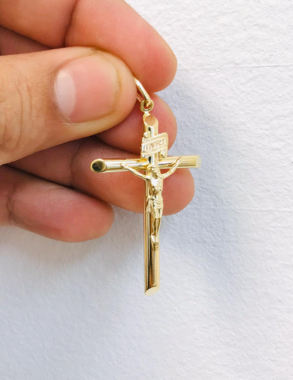 INRI-14K Yellow Gold Classic Cross Pendant With Jesus Christ 44x26mm