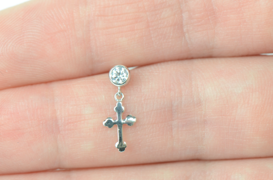 14K Yellow/White Gold CZ Beautiful Cross Dangle Earrings Screw Back Earrings