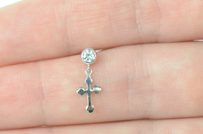 14K Yellow/White Gold CZ Beautiful Cross Dangle Earrings Screw Back Earrings