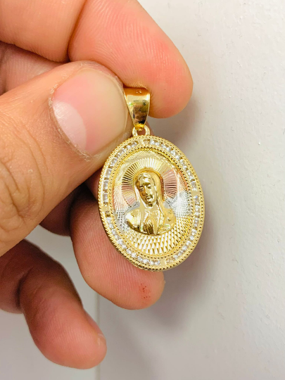 Virgin Mary Pendant CZ Stones for Women's Men's Tri Color Pendant / Dije de la Virgen Maria Oro 28x20mm / Gold Filled Dainty Virgin Pendant / Medalla de la Virgem Maria