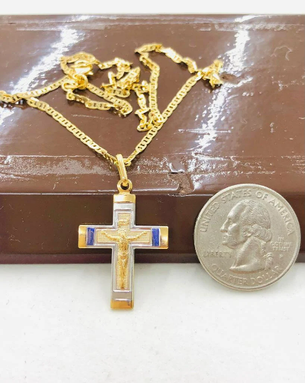 Jesus Cross Necklace with Mariner Link Chain 18" for Ladies Womens Boys Crucifix Cross Necklace Cadena de Cruz Everyday Cross Pendant