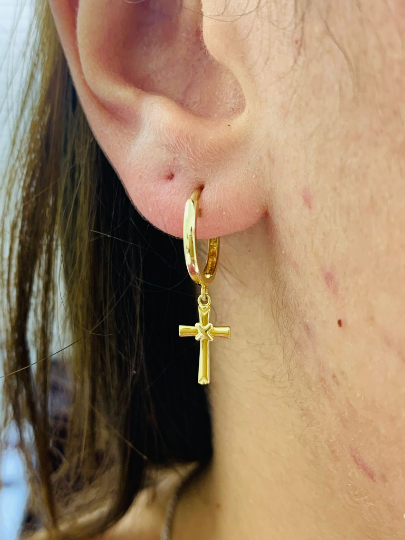 Dainty Cross Hoop Earrings in 10K Yellow Solid Gold Women's Huggies Earrings for Everyday First Communion Gifts Ladies Girls Hoop Earrings