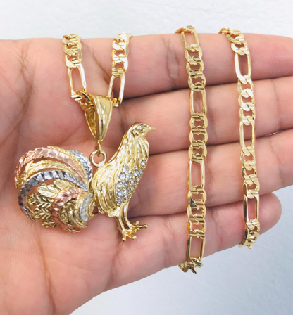 18K Gold Filled Chicken Rooster Necklace 24” Figaro Chain 33x45mm / Chicken Rooster Pendant Jewelry For Mens / Cadena y Dije de Gallo en OroHombre