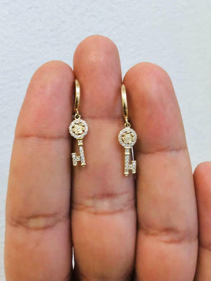 14k Yellow Gold Lock & Key CZ Dangle Drop Earrings 28x18mm