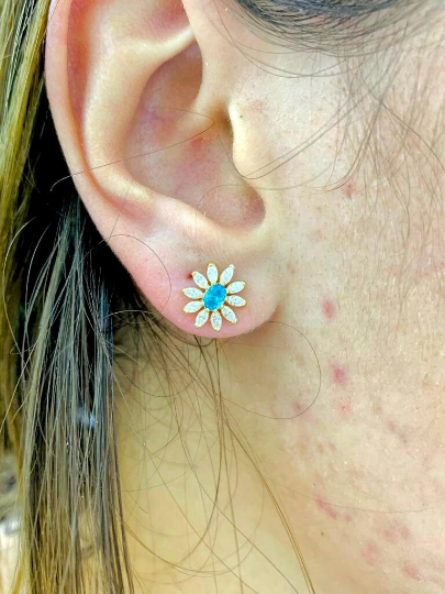 Dainty Birthstones Earrings Flower CZ Turquoise Stones 14K Yellow Gold Stud Earrings 10x10 for Womens Tiny Everyday Earrings Womens Jewelry