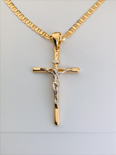 14K Gold Filled Big Cross Necklace Pendant Two Tone 48x28mm / Mens Cross Necklace / Cadena y Dije de Cruz