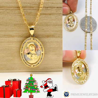 14K Gold Filled Virgin Mary Necklace Set 20", Tri-Color Pendant With CZ Diamond 28x20mm / Everyday Necklace/ Virgen Mary Pendant / Dije de la Virgen Maria