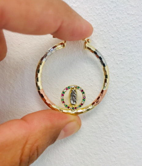 18k Real Gold Filled Tri-Color Virgen de Guadalupe Hoop Earrings 42x38mm