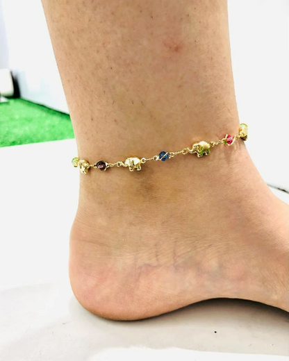 Elephant Multi Color Anklet Bracelet 10" in Gold Filled/ Elephant Bracelet for Foot / Womens Body Jewelry / Womens Jewelry / Pulsera de Pie