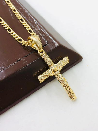 Rustic Cross Necklace for Mens Figaro Chain 36x23mm/Figaro Chain Necklace 24"/Mens Cross Necklace/Cadena y Dije de Cruz Oro para Hombre