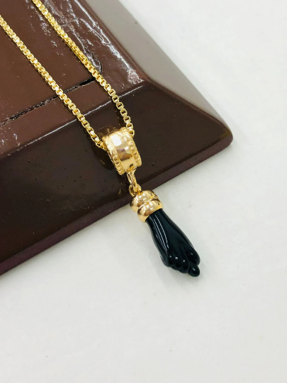 14K Yellow Gold Filled Black Azabache Hand Necklace with Box Chain 20" for Women's / Protection Jewelry/ Dainty Necklace/ Cadena de Azabache