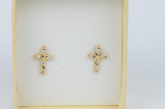 CZ Diamond Cross Stud Earrings, Cross Earrings Screw Back , 14K Yellow/White Gold