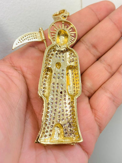 18K Gold Filled CZ Santa Muerte Pendant for Womens, Mexican Pendant 3.25x1.6" 30g