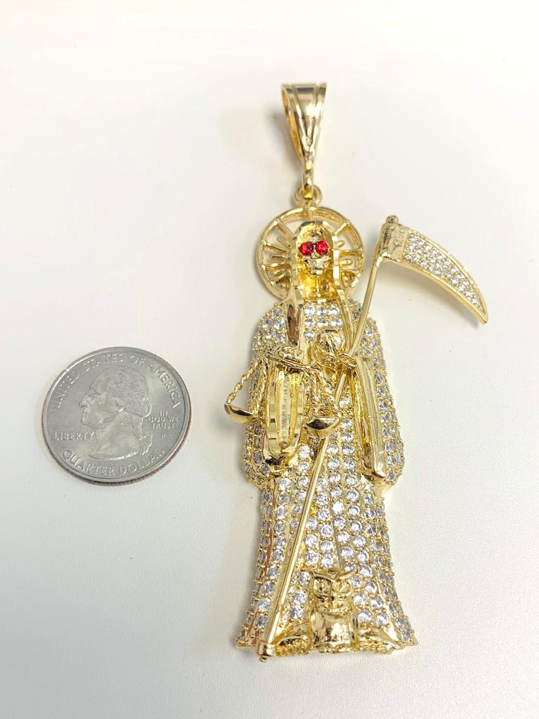 18K Gold Filled CZ Santa Muerte Pendant for Womens, Mexican Pendant 3.25x1.6" 30g