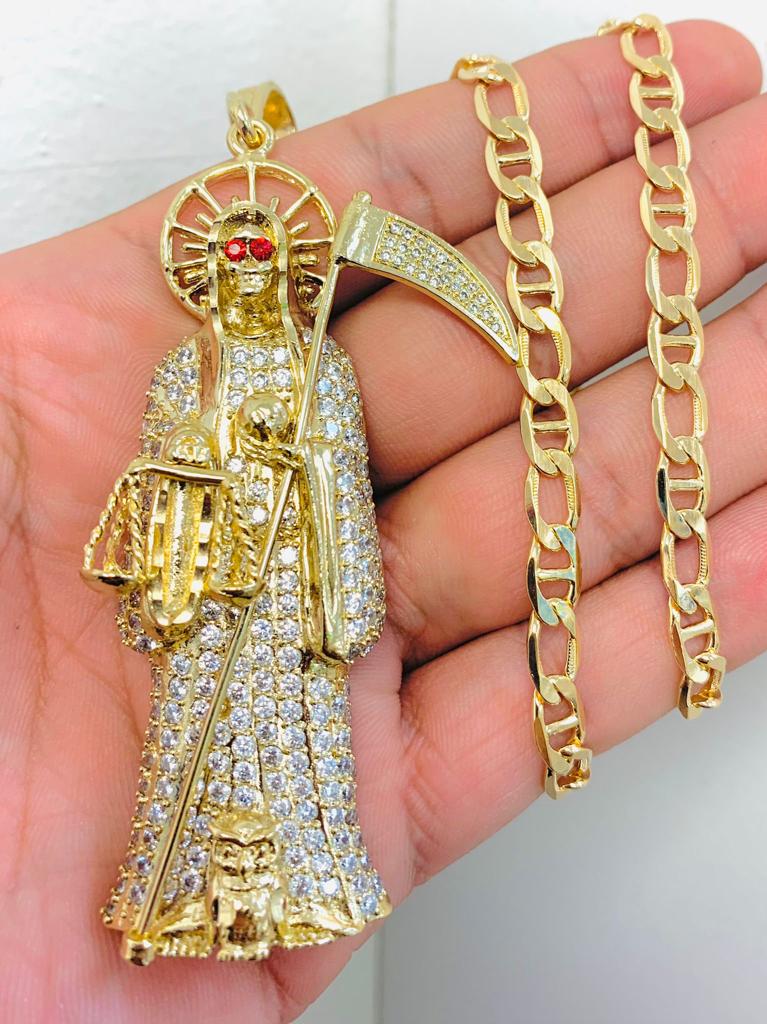 18K Gold Filled Mariner Link Chain Santa Muerte Necklace 24" INCH For Mens